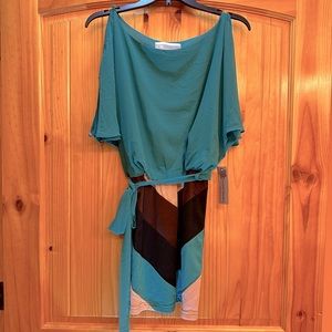 Callie Mac Medium Dress NWT Green Elastic Waist With Chevron skirt Cloth Belt.